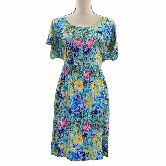 MULTICOLORED Floral Short Sleeve Button Down Dress - Picture 1 of 11
